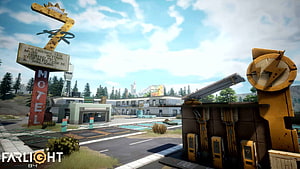 Farlight 84 Retro Motel and Gas Station Scene in Post-Apocalyptic Landscape HD wallpaper