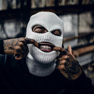 Tattooed Man Wearing White Knitted Balaclava Showing Grills HD phone wallpaper