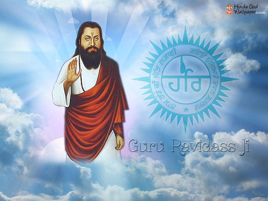 Guru Ravidass Ji Portrait with Khanda Symbol Against Cloudy Sky HD wallpaper