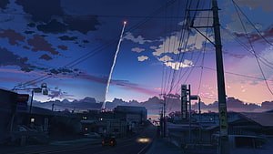 Anime Style Japanese Town at Dusk with Meteor Streaking Across the Sky HD wallpaper