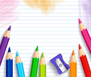 Colorful Pencil and Sharpener Arrangement on Lined Notebook Paper HD wallpaper