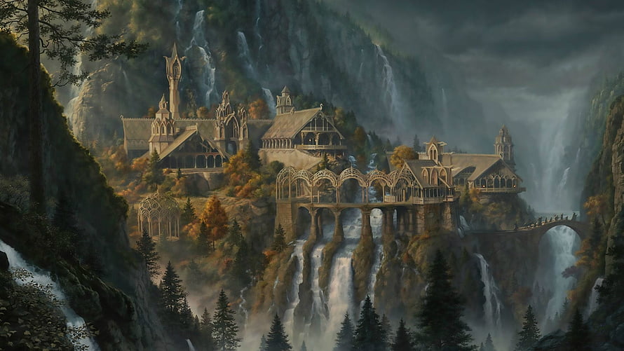 Elven Mountain Fortress with Waterfalls and Gothic Architecture in Misty Forest HD wallpaper