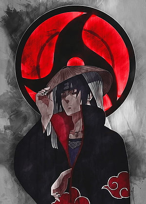 Itachi Uchiha in Akatsuki Cloak with Sharingan Symbol and Straw Hat HD phone wallpaper