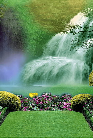 Lush Garden Waterfall Scene With Vibrant Flowers And Manicured Hedges HD phone wallpaper