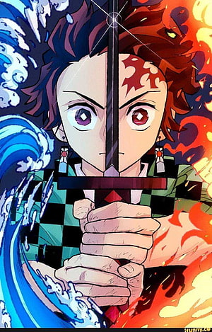 Tanjiro Kamado from Demon Slayer Holding Sword with Water and Fire Breathing Effects HD phone wallpaper