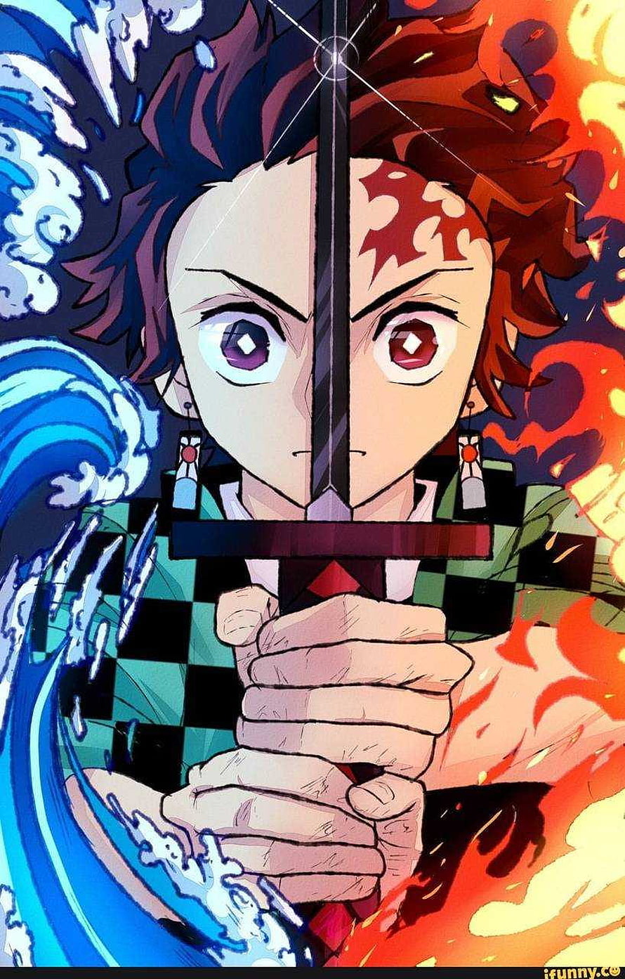 Tanjiro Kamado from Demon Slayer Holding Sword with Water and Fire Breathing Effects HD phone wallpaper