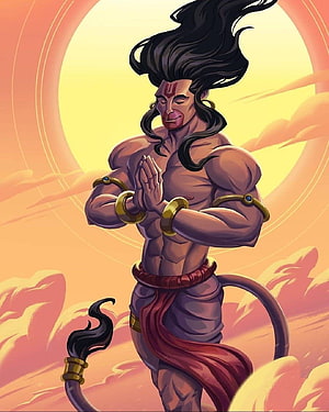 Hanuman in Praying Pose with Mace and Golden Halo HD phone wallpaper