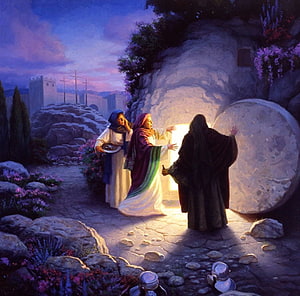 The Empty Tomb: Jesus Risen at Easter with Women at the Stone Entrance HD wallpaper