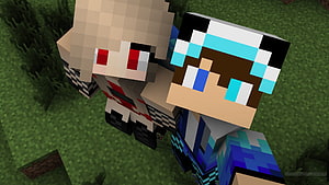 Minecraft Custom Skins: Two Blocky Characters in a Grassland Scene HD wallpaper