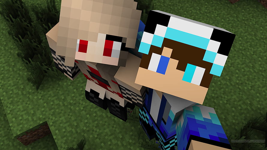 Minecraft Custom Skins: Two Blocky Characters in a Grassland Scene HD wallpaper