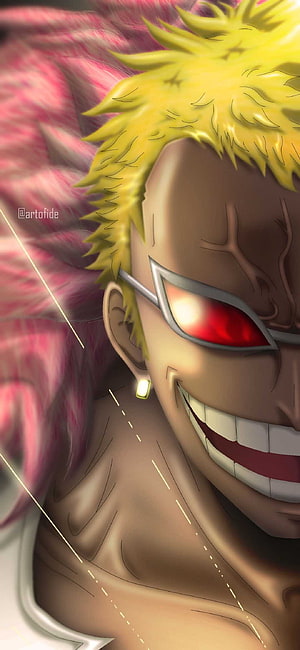 Doflamingo Close-Up Portrait with Red Eye and Spiky Blonde Hair HD phone wallpaper