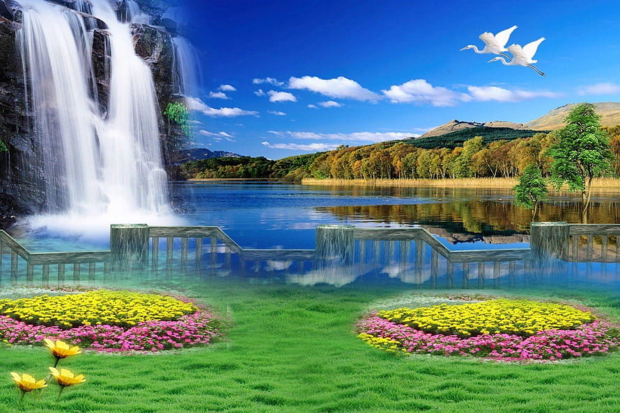 Serene Lake Landscape With Waterfall, Flower Beds, and Flying Cranes Under a Blue Sky HD wallpaper
