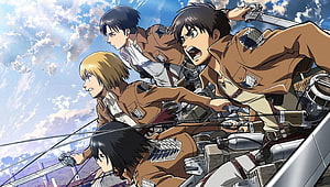 Attack on Titan Survey Corps Members in ODM Gear Against Blue Sky HD wallpaper