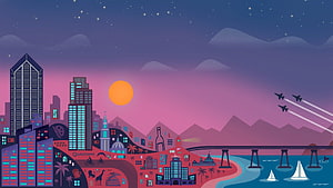 Stylized San Diego Cityscape at Sunset with Bridge and Mountains HD wallpaper