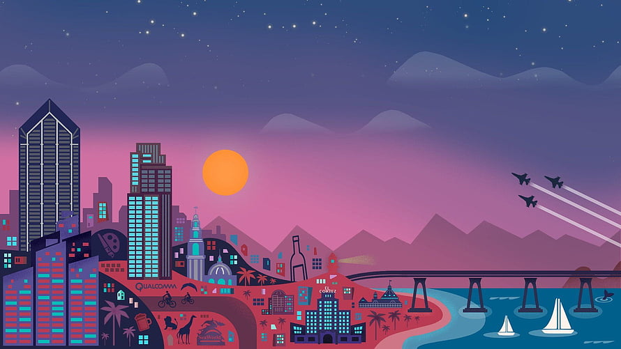 Stylized San Diego Cityscape at Sunset with Bridge and Mountains HD wallpaper