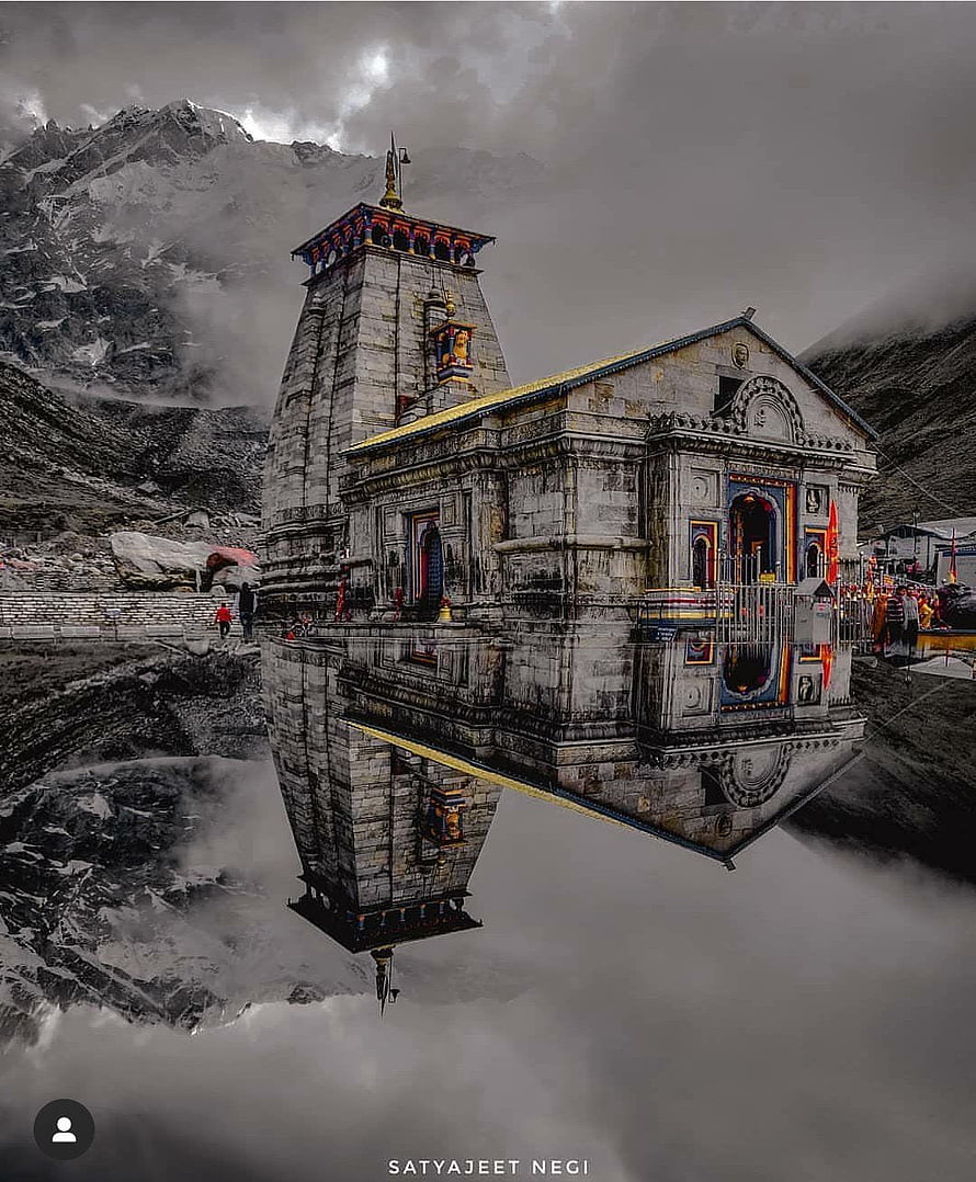 Kedarnath Temple Reflection in Mountain Valley with Dramatic Clouds HD phone wallpaper