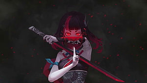 Anime Samurai Girl Warrior with Katana and Red Demon Mask HD wallpaper