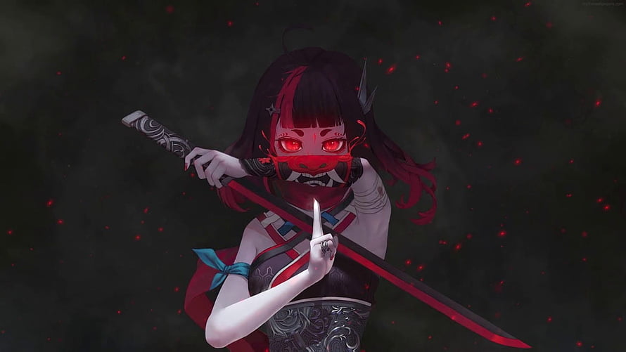 Anime Samurai Girl Warrior with Katana and Red Demon Mask HD wallpaper
