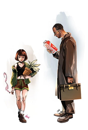 Leon The Professional Character Concept Art with Girl and Potted Plant HD phone wallpaper