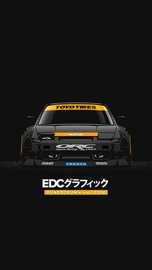 Black JDM Drift Car Front View with Orange Sponsors on Dark Background HD phone wallpaper