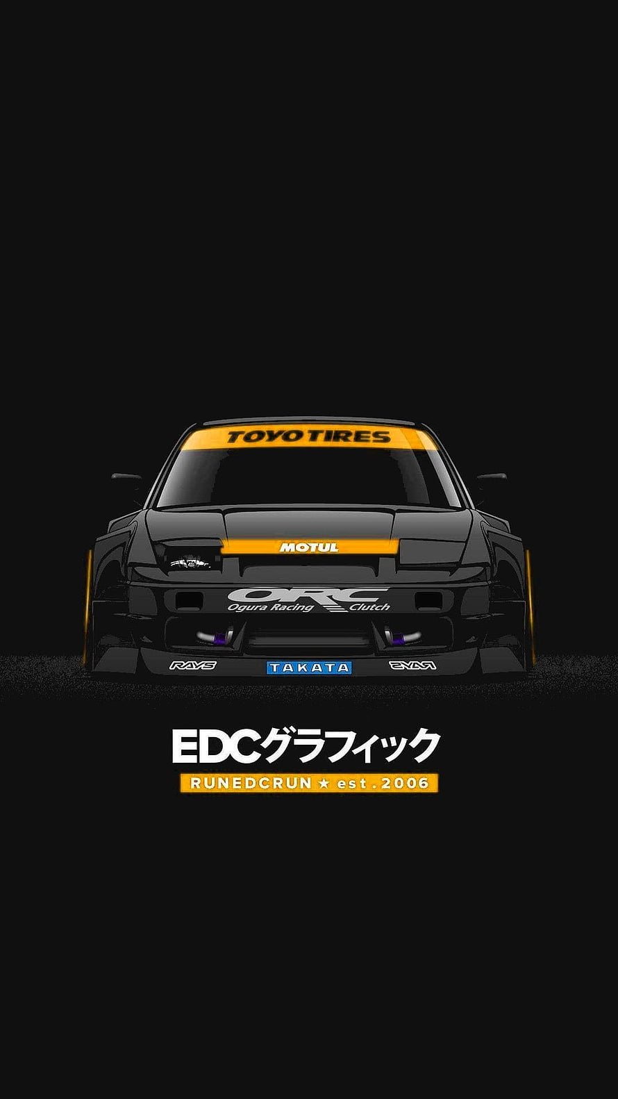 Black JDM Drift Car Front View with Orange Sponsors on Dark Background HD phone wallpaper