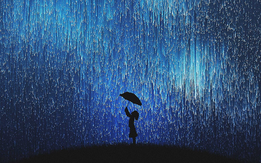 Silhouette of a person holding an umbrella under a heavy blue rainstorm HD wallpaper