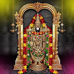 Ornate Golden Temple Shrine of Lord Venkateswara Swamy Adorned with Vibrant Flower Garlands HD phone wallpaper