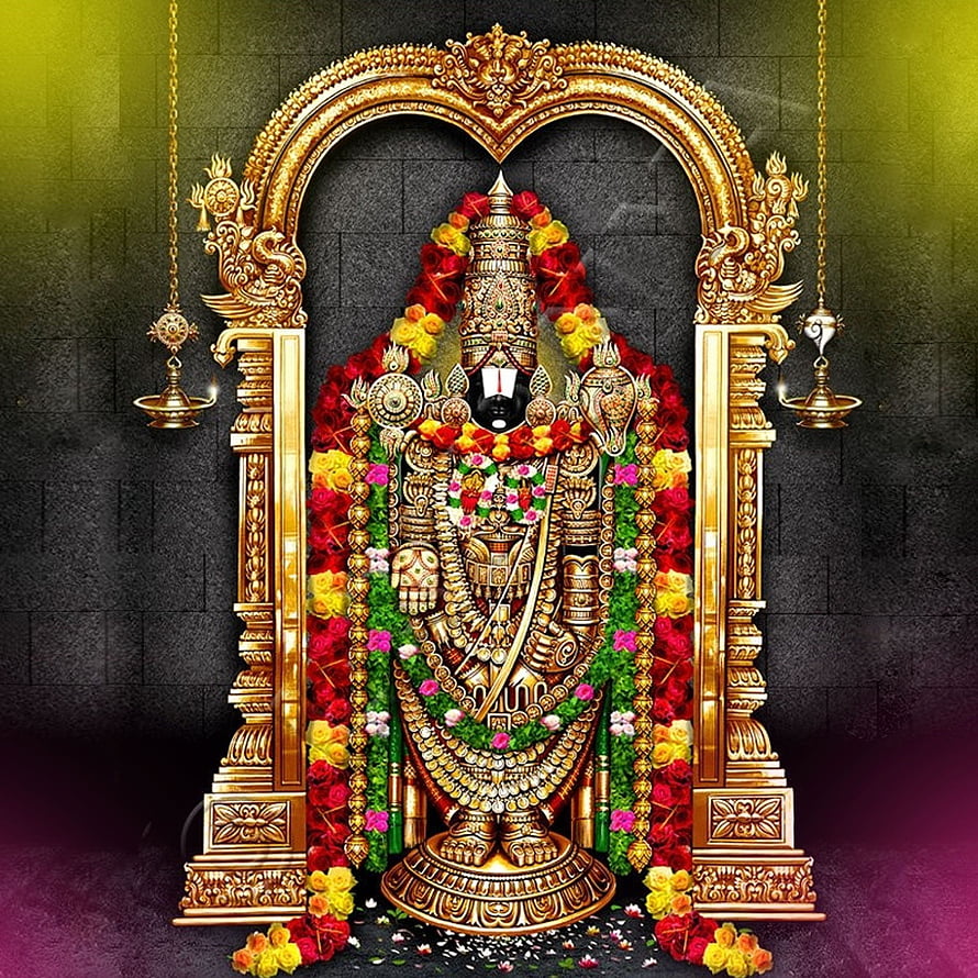 Ornate Golden Temple Shrine of Lord Venkateswara Swamy Adorned with Vibrant Flower Garlands HD phone wallpaper