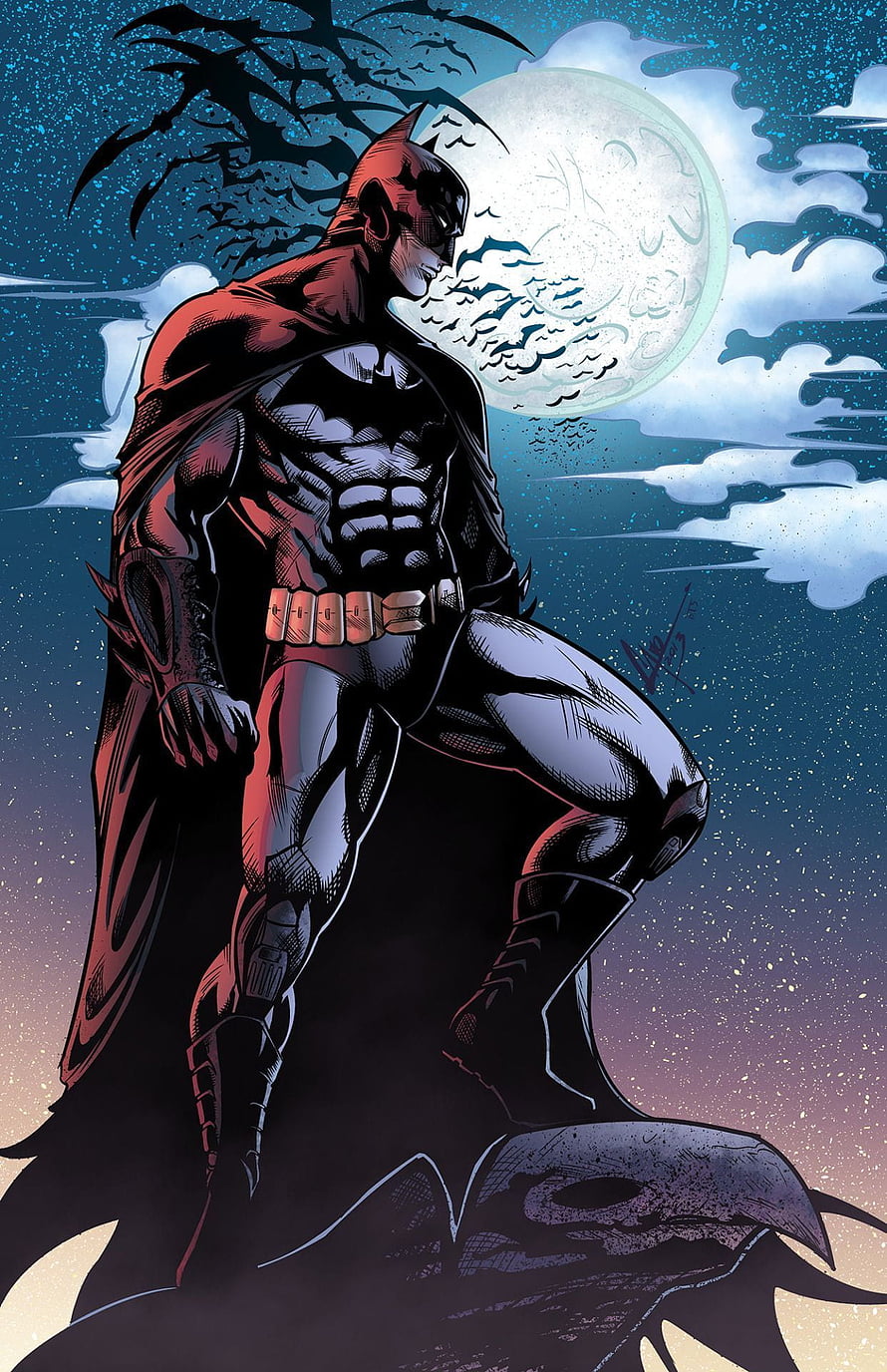 Batman Standing on Gargoyle Under Full Moon with Flock of Bats in Night Sky HD phone wallpaper