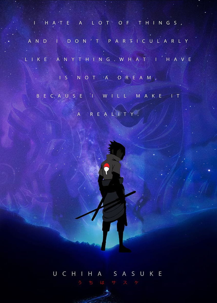 Uchiha Sasuke Silhouette Standing Before Cosmic Nebula with Inspirational Quote HD phone wallpaper