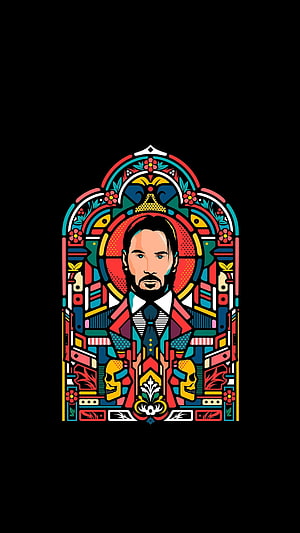John Wick Stained Glass Portrait with Skulls and Floral Motifs on Black Background HD phone wallpaper