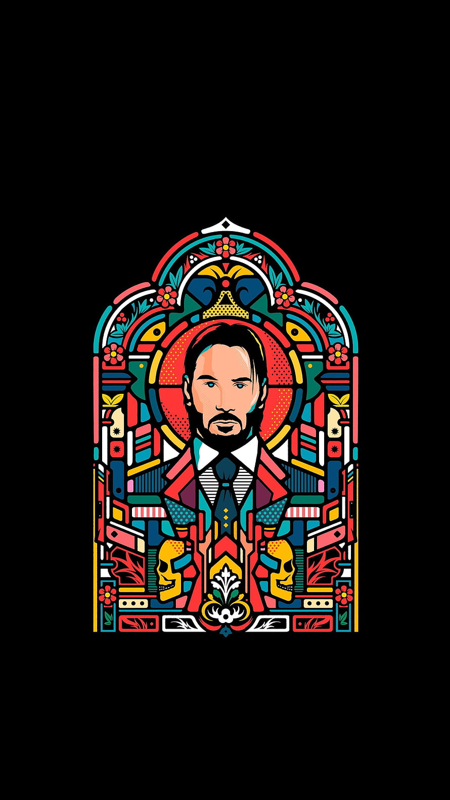 John Wick Stained Glass Portrait with Skulls and Floral Motifs on Black Background HD phone wallpaper