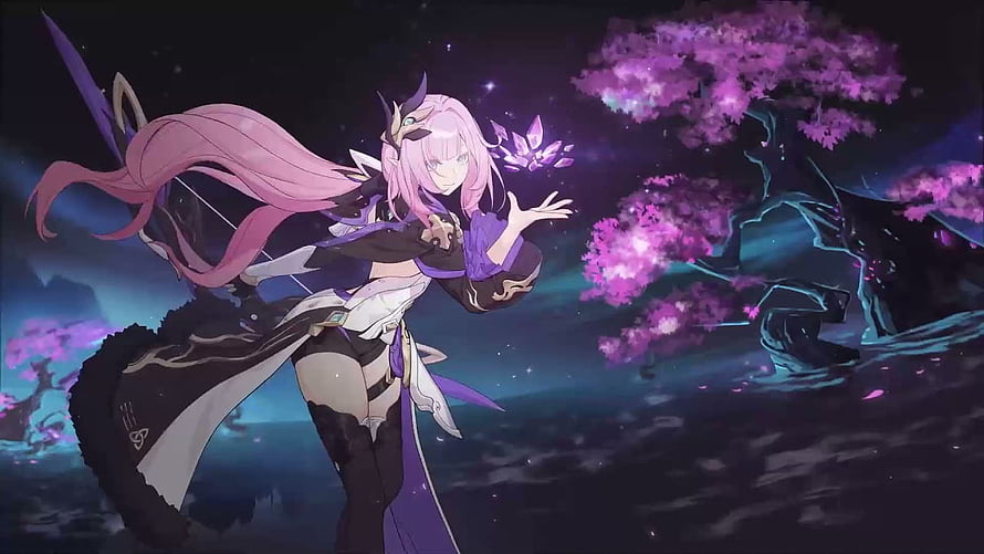 Elysia from Honkai Impact 3rd Standing Under Glowing Purple Cherry Blossoms at Night HD wallpaper