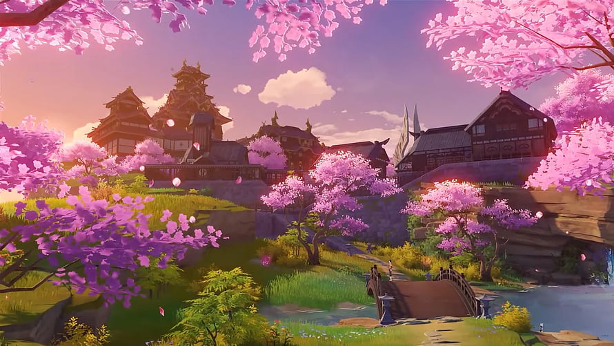 Genshin Impact Inazuma Village Landscape with Cherry Blossoms and Traditional Japanese Architecture HD wallpaper