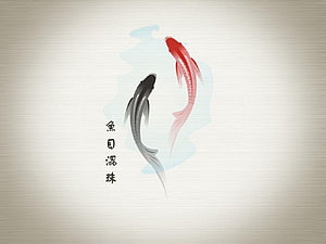 Minimalist Yin Yang Koi Fish Illustration with Chinese Calligraphy on Textured Background HD wallpaper