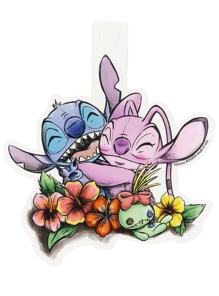 Lilo and Stitch Angel Hug Sticker with Tropical Hibiscus Flowers and Green Alien HD phone wallpaper
