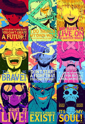 One Piece Straw Hat Crew Pop Art Poster with Character Quotes and Vibrant Colors HD phone wallpaper