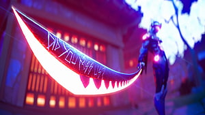 Glowing Crescent Blade with Inscribed Text and Armored Figure in Neon-Lit Setting HD wallpaper