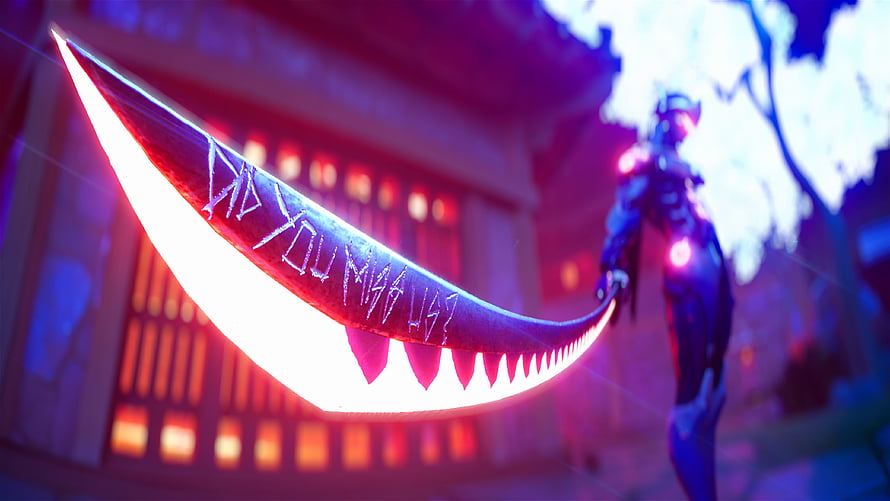 Glowing Crescent Blade with Inscribed Text and Armored Figure in Neon-Lit Setting HD wallpaper