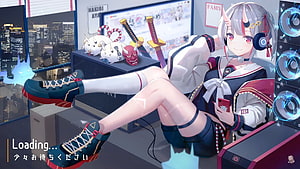 Nakiri Ayame Anime Girl in Streaming Room with City View and Gaming Setup HD wallpaper