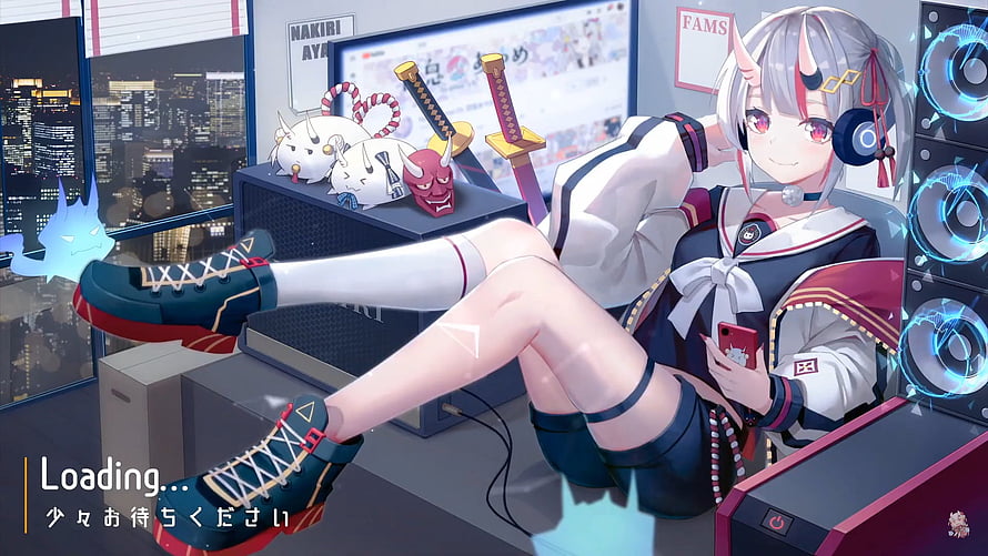 Nakiri Ayame Anime Girl in Streaming Room with City View and Gaming Setup HD wallpaper