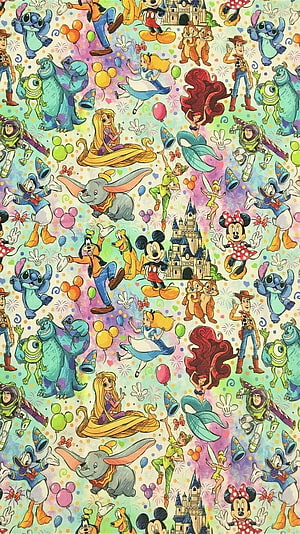 Colorful Disney Character Pattern Wallpaper Featuring Mickey, Stitch, and Tangled HD phone wallpaper