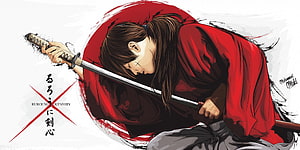 Rurouni Kenshin: Kenshin Himura in Red Kimono with Katana Against Crimson Enso Circle HD wallpaper