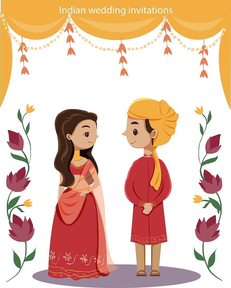 South Indian Bride And Groom Cartoon Wedding Invitation Illustration HD phone wallpaper