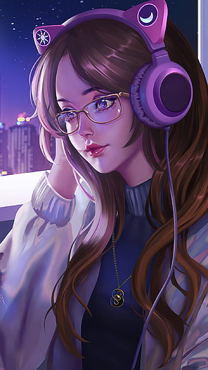 Anime Girl with Cat Ear Headphones and Glasses in a Neon Night City HD phone wallpaper