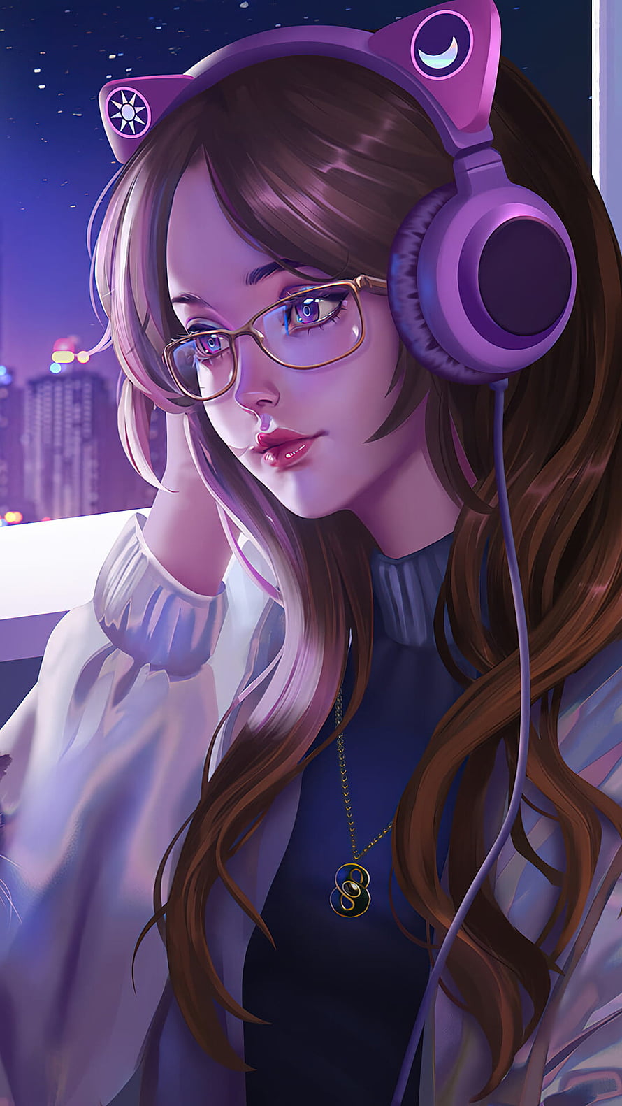 Anime Girl with Cat Ear Headphones and Glasses in a Neon Night City HD phone wallpaper