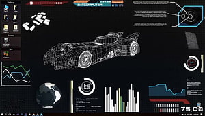 Batcomputer Desktop Interface with Batmobile Wireframe and Wayne Enterprises Data Dashboard HD wallpaper