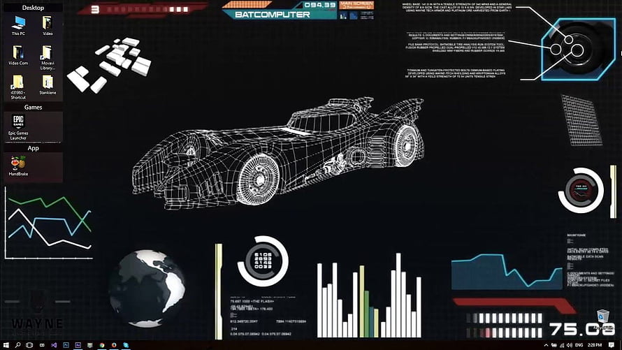 Batcomputer Desktop Interface with Batmobile Wireframe and Wayne Enterprises Data Dashboard HD wallpaper