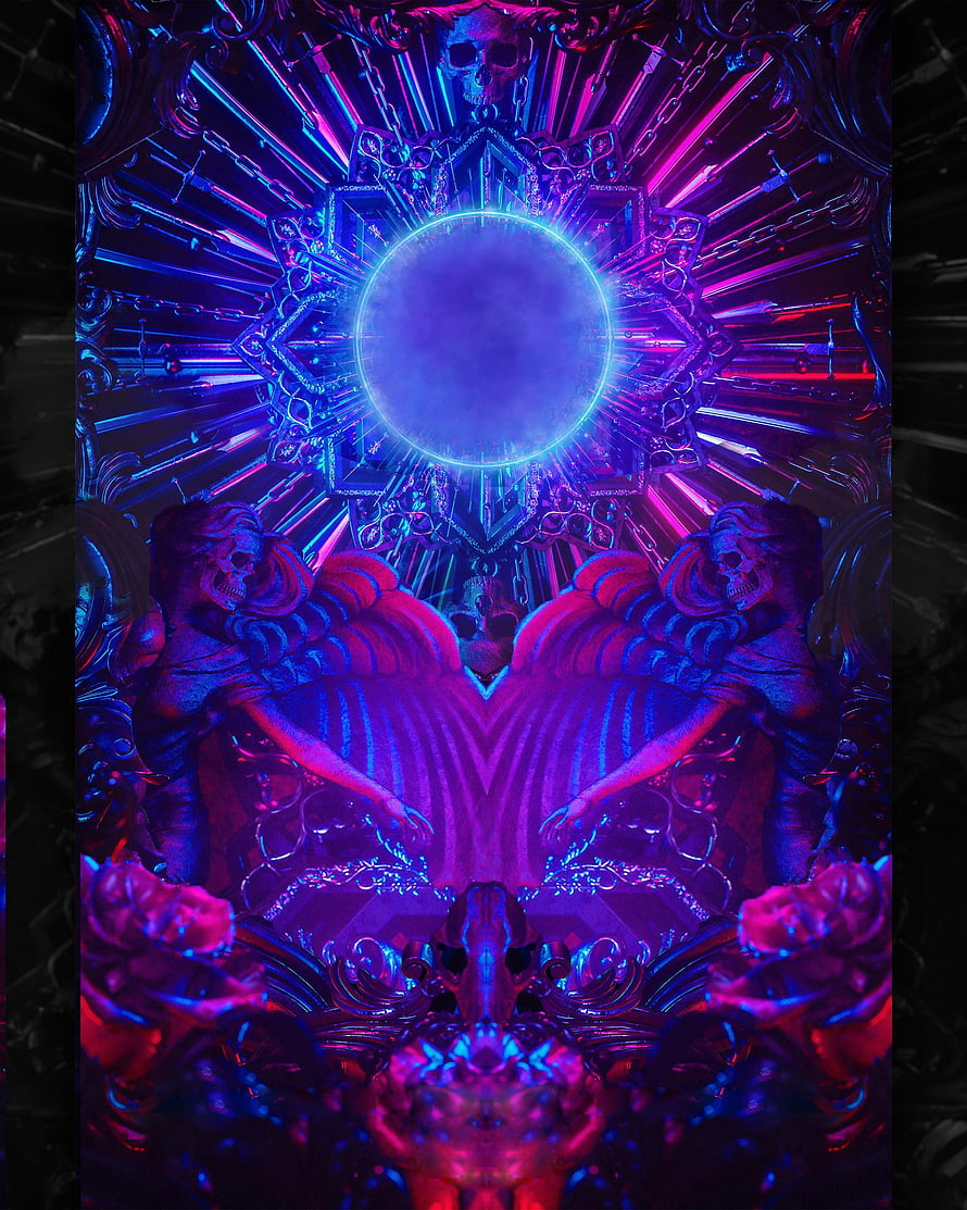 Neon Cyberpunk Skull Angel Digital Art with Glowing Blue Orb and Ornate Baroque Details HD phone wallpaper