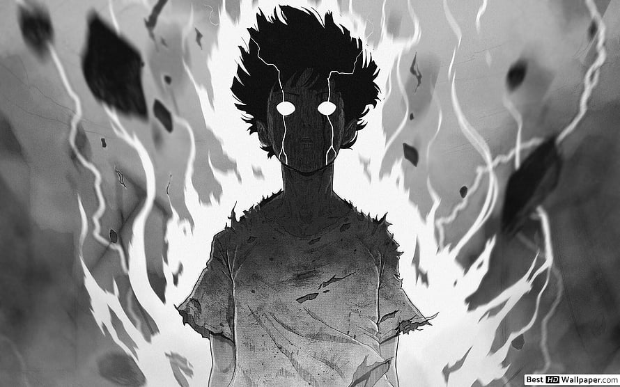 Mob Psycho 100 Character Surrounded by Intense Flames and Dark Energy HD wallpaper
